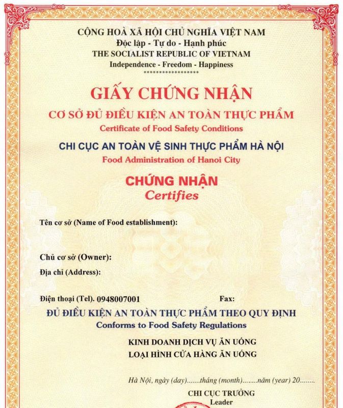 Hồ sơ, thủ tục xin cấp giấy chứng nhận cơ sở đủ điều kiện an toàn thực phẩm